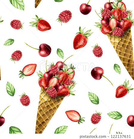 Seamless pattern with crispy waffle cone for ice cream full of strawberry, raspberry, cherry. Hand painting sweet watercolor illustration isolated on background. For designers, menu, shop, decoration Seamless pattern with crispy waffle cone for ice cream full of strawberry, raspberry, cherry. Hand painting sweet watercolor illustration isolated on background. For designers, menu, shop, decoration 122137631
