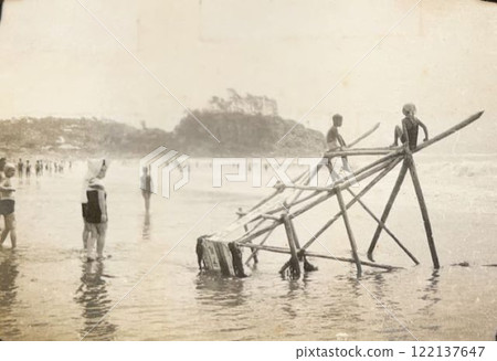 People bathing on the beach in Kamakura, prewar scene, 1930s, Katase 122137647