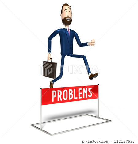 Hipster cartoon character businessman jumps over an obstacle - problems concept - 3D illustration Hipster cartoon character businessman jumps over an obstacle - problems concept - 3D illustration 122137653