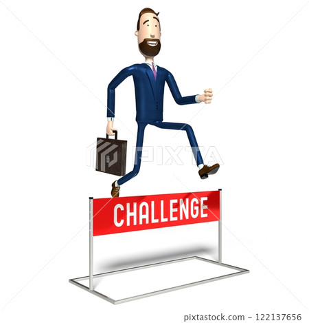 Hipster cartoon character businessman jumps over an obstacle - challenge concept - 3D illustration Hipster cartoon character businessman jumps over an obstacle - challenge concept - 3D illustration 122137656