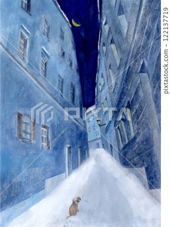 雪夜的風景圖，有新月和一隻用水彩畫的狗 122137719