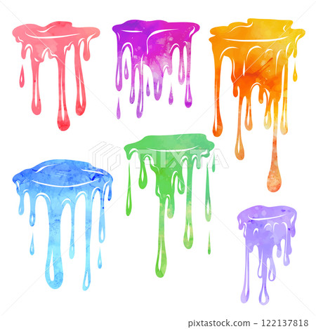 Vector set of watercolor paint drops with flowing down drops in cartoon style isolated from background. Color collection of sticky dye stains 122137818