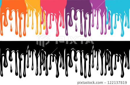 Set of horizontal border with colorful and monochrome paint drips flows down. Frieze with sticky dye. Collection pour liquid dye in cartoon style Set of horizontal border with colorful and monochrome paint drips flows down. Frieze with sticky dye. Collection pour liquid dye in cartoon style 122137819