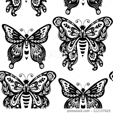 Vector seamless pattern with monochrome tracery butterfly in folk art style. Decorative texture with black flying insect with floral ornament Vector seamless pattern with monochrome tracery butterfly in folk art style. Decorative texture with black flying insect with floral ornament 122137820