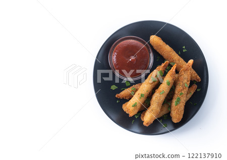 Breaded Torpedo shrimps isolated on white background Breaded Torpedo shrimps isolated on white background 122137910