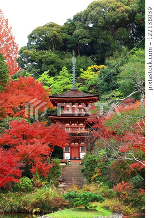 [京都府]晴朗的日子，淨琉璃寺庭園的三層寶塔與秋葉 122138039