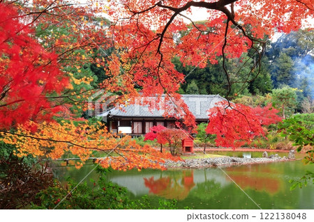 [京都府]晴天時淨琉璃寺庭園的正堂和秋葉 122138048