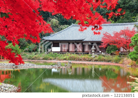 [京都府]晴天時淨琉璃寺庭園的正堂和秋葉 122138051