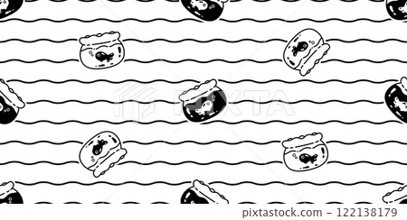 fish Seamless pattern goldfish glass jar bottle vector tuna salmon doodle cartoon wave gift wrapping paper tile background repeat wallpaper illustration scarf isolated pet animal design 122138179