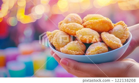 Hands hold a bowl of gujiya, a traditional sweet, against a lively Holi backdrop filled with colors 122138208