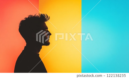 Silhouette contrasts a bright, happy side with a dark, sad side, showcasing emotional diversity, world bipolar day concept 122138235