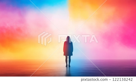 A person stands between a bright world and a dark one, symbolizing bipolar disorder, world bipolar day concept 122138242