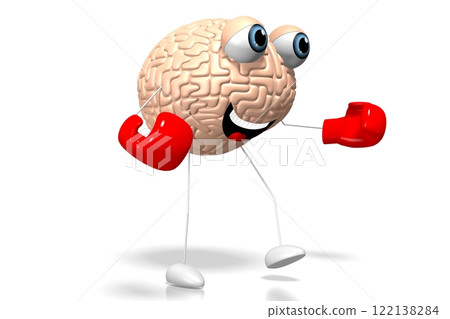 3D brain cartoon character wearing boxing gloves - knowledge concept 122138284