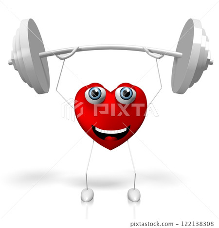 3D heart cartoon character, weights concept - great for topics like strength, being fit etc 3D heart cartoon character, weights concept - great for topics like strength, being fit etc 122138308