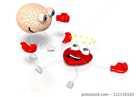 3D heart and brain cartoon characters boxing - emotions concept 122138320