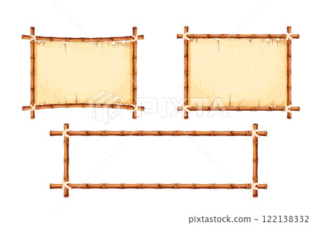 Set Bamboo frames with old parchment paper decorated with rope in cartoon style isolated on white background. Game ui board, sign Set Bamboo frames with old parchment paper decorated with rope in cartoon style isolated on white background. Game ui board, sign 122138332