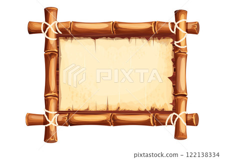 Bamboo frame with old parchment paper decorated with rope in cartoon style isolated on white background. Game ui board, sign Bamboo frame with old parchment paper decorated with rope in cartoon style isolated on white background. Game ui board, sign 122138334
