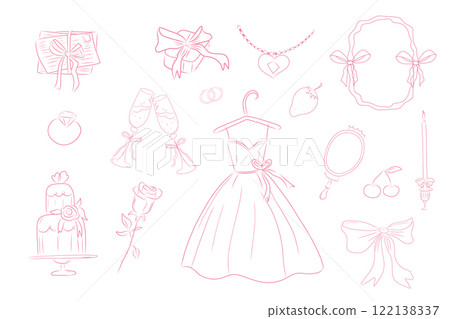 Romantic coquette set, pastel pink wedding feminine collection. Cude doodle baw, ribbon. Heart, flowers and presents, love letter. 122138337