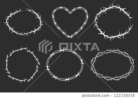 Thorn stem vine plant with spikes simple border frame oval y2k creepy branch. Barbed wire tattoo. Boundary frame.  122138338