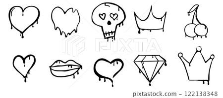 Graffiti Gangster tattoo elements, paint splash, spray. Heart face, skull set. Doodle gunge groovy print crown, cherry, scary kit,. Graffiti Gangster tattoo elements, paint splash, spray. Heart face, skull set. Doodle gunge groovy print crown, cherry, scary kit,. 122138348