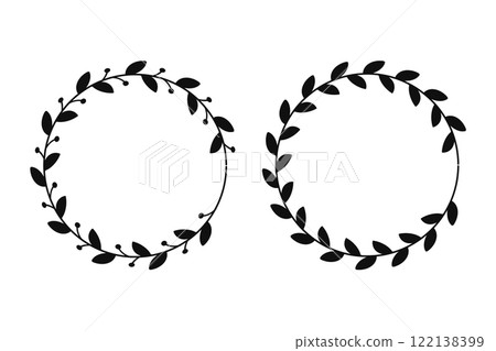 Silhouette botanical wreaths with circular frames for elegant decorative design illustration	  122138399