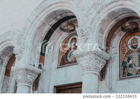 Belgrade, Serbia- 10162024: The Temple Of Saint Sava indoor interior, people pray in an Orthodox church, frescoes on the ceilings and walls of the church 122138433