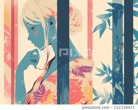 Abstract art illustration of a woman's profile and colorful floral patterns 122138451