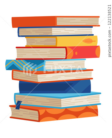 High book stacks or pile. Library textbooks and school literature heaps, dictionaries. Bookstore advertise. Cartoon stacked books angle view with different colorful covers isolated on white High book stacks or pile. Library textbooks and school literature heaps, dictionaries. Bookstore advertise. Cartoon stacked books angle view with different colorful covers isolated on white 122138521