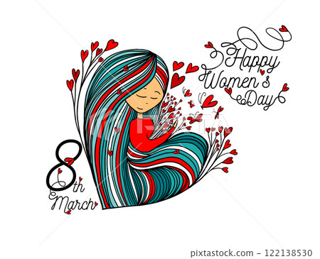 Happy March 8th. Girl with hearts. hand drawn. Not AI, Vector illustration 122138530