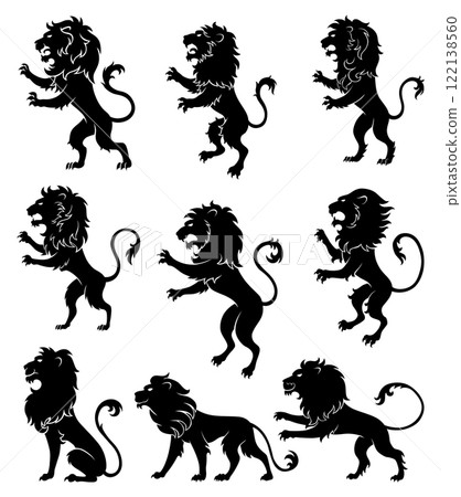 Set of heraldic lions silhouette. Black lion in flat style. Heraldic icons, symbols and design elements isolated on white background. Vector illustration Set of heraldic lions silhouette. Black lion in flat style. Heraldic icons, symbols and design elements isolated on white background. Vector illustration 122138560