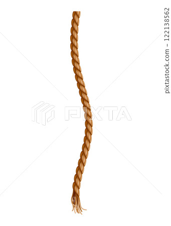 Hanging rope with tassel. Knitted nautical thread or marine vertical fiber. Textile tassel hang at rope isolated on white background. Vector illustration Hanging rope with tassel. Knitted nautical thread or marine vertical fiber. Textile tassel hang at rope isolated on white background. Vector illustration 122138562