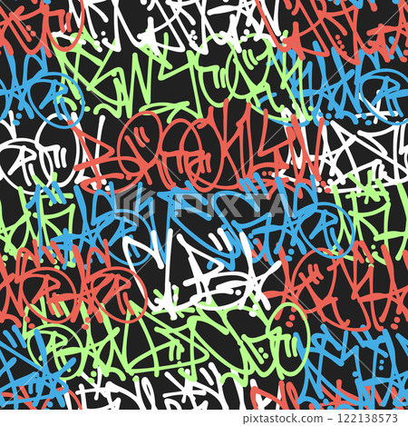 Graffiti seamless pattern with tags, fashion hand drawing texture, street style. Graffiti seamless pattern with tags, fashion hand drawing texture, street style. 122138573
