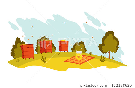 Honey farm landscape. Agriculture field, rural nature scene. Ruralfield panorama with honey production 122138629