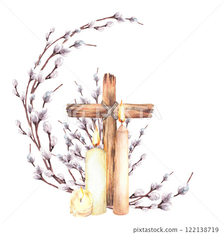 Burning candle with wooden Cross against of pussy willow branches. Religious Easter circle composition. Watercolor hand drawn illustration on isolated background for First communion, baptism card 122138719
