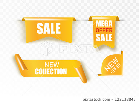 Golden satin ribbon tag. Gold textile label for sale promotion text. Discount and special offer badge. Vector 122138845