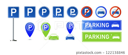 Car parking eco electric icon set. Parking and traffic signs isolated on white background. Map parking pointer. Vector 122138846
