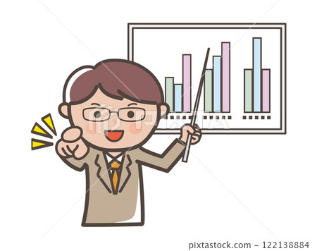 一位戴著眼鏡的男性商人在演示期間指著的插圖 122138884