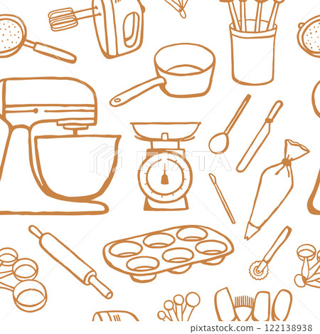 Hand drawn kitchen tools seamless pattern 122138938