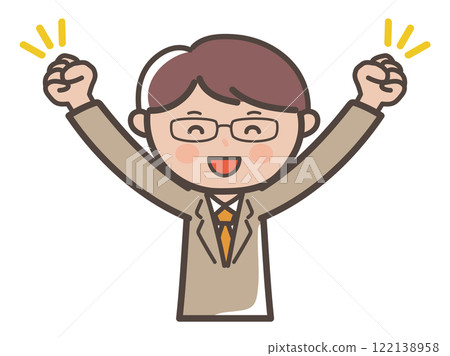 一位戴著眼鏡的男性商人舉起雙臂、握拳欣喜若狂的插圖 122138958
