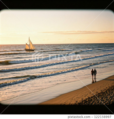 “夕陽、遊艇、沙灘上散步的情侶” 122138997