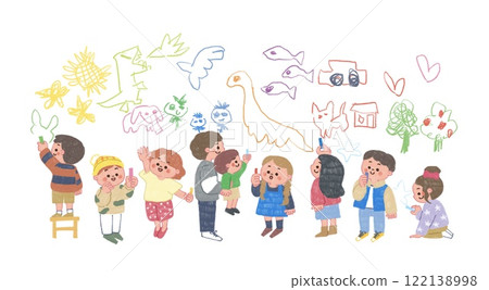 用色鉛筆畫的插圖，顯示一個孩子在牆上亂塗亂畫 122138998