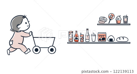 一個幼兒推著購物車的簡單可愛的插圖 122139113