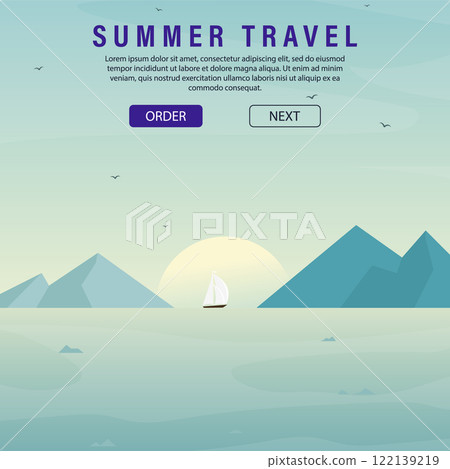 Summer camping vector banner. Welcome adventure square template with mountains near the sea Summer camping vector banner. Welcome adventure square template with mountains near the sea 122139219