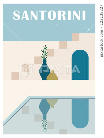 Greece Santorini travel poster. Greek white buildings illustration. Mediterranean European culture 122139227