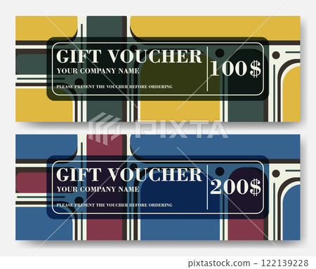 Gift voucher template with geometric design. Set of voucher with abstract elements in neutral colors 122139228