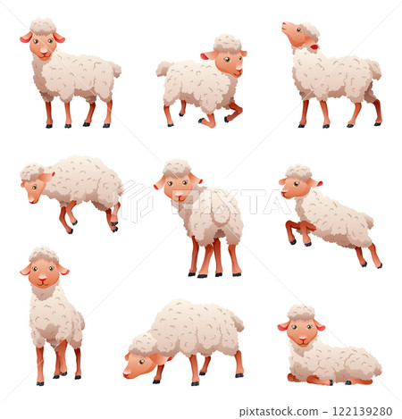 Small cartoon sheep icon set. Lambs flat vector illustration. Funny baby sheep with curly wool. Farm animal art isolated on white background 122139280