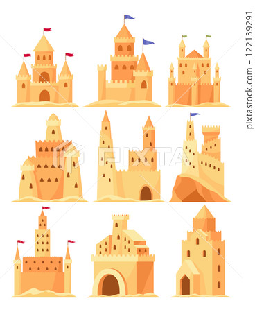 Sand castle set. Kids fortress constructions. Sandy stronghold with wall and tower. Summer beach games to build sandy palaces or citadel. Vector cartoon illustration of beach sculptures Sand castle set. Kids fortress constructions. Sandy stronghold with wall and tower. Summer beach games to build sandy palaces or citadel. Vector cartoon illustration of beach sculptures 122139291