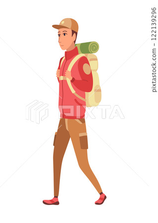 Hiker travel in summer clothing with big backpack. Young man walking. Happy male character, traveller or tourist going to vacation. Vector cartoon illustration 122139296