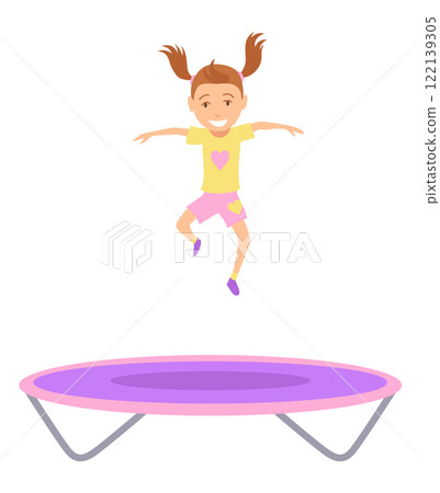 Children jumping trampoline. Kid jumping icon. Child activities design element. Indoor or outdoor fun, fitness jumping. Acrobatic and gymnastic exercises. Vector illustration 122139305
