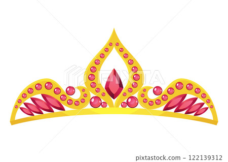 Princess crown tiara icon. Beautiful golden jewels with precious stones. Precious head accessory. Headdress in flat design isolated on white background 122139312